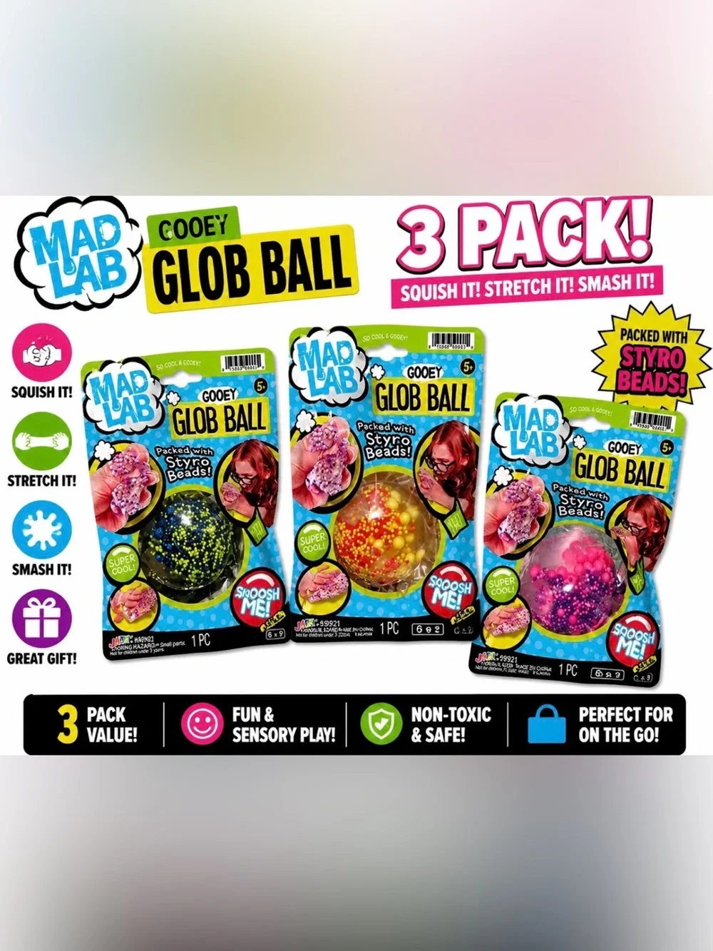 3x Ja-Ru Mad Lab Gooey Glob Ball Fidget Squishy Toy Yellow Blue Pink NEW